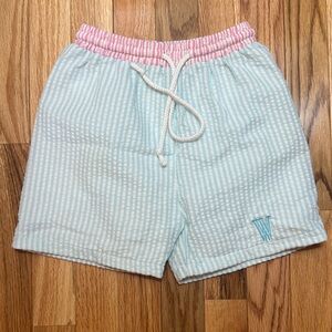 Kids Seersucker Swim Trunks - Light Blue with Pink Waistband
